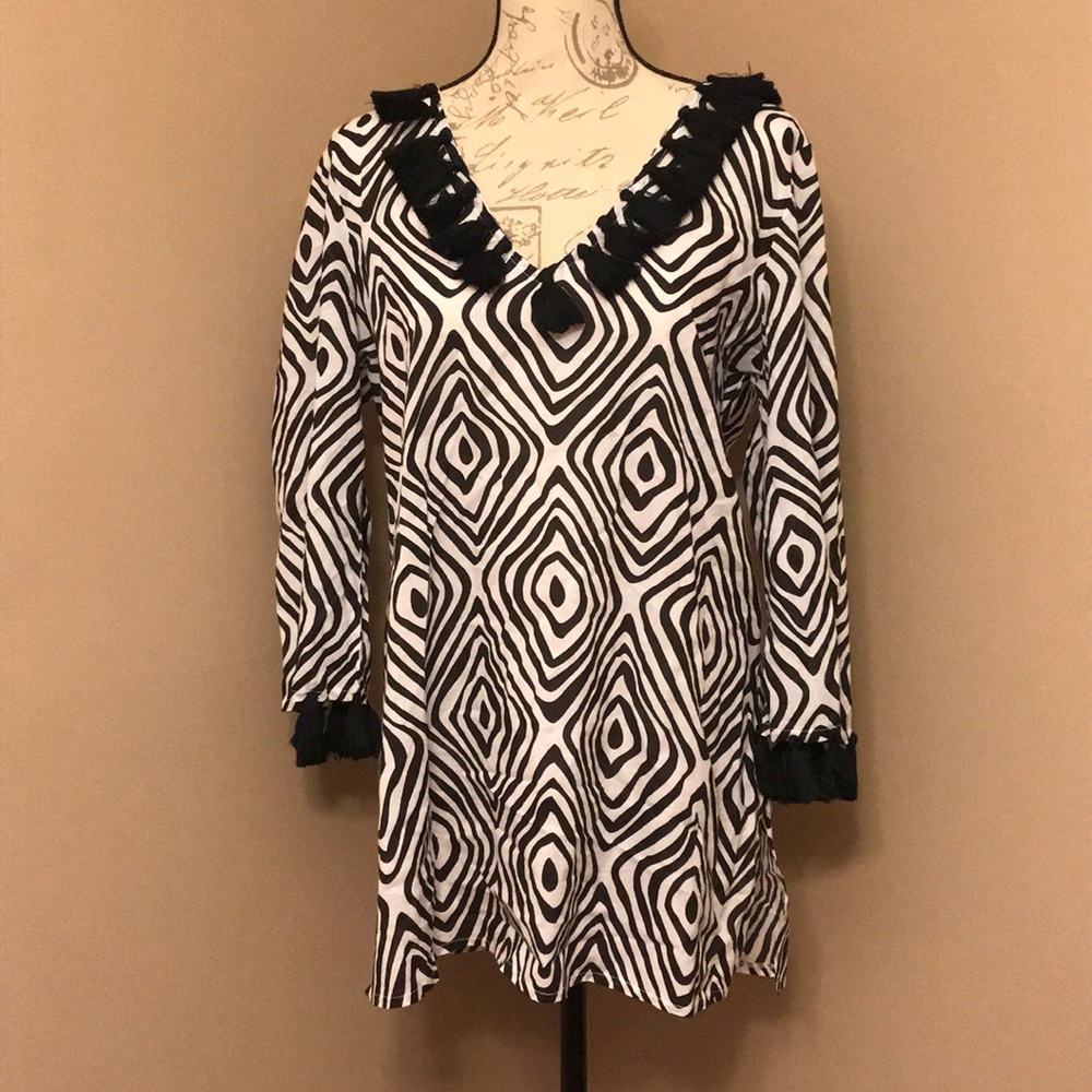 NWT Mud Pie Kendall Tunic, Black+White Diamond - L